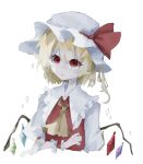  1girl ascot blonde_hair bow commentary crystal_wings expressionless flandre_scarlet frilled_wrist_cuffs frills hat hat_bow looking_at_viewer mob_cap mumi63_0o red_bow red_eyes short_hair simple_background solo touhou white_background white_hat wings wrist_cuffs yellow_ascot 