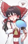  1girl aorin_oekaki ascot blush bow brown_hair closed_eyes collarbone commentary_request detached_sleeves facing_viewer fanning_self frilled_bow frilled_hair_tubes frills hair_bow hair_tubes hakurei_reimu hand_fan highres holding holding_fan hot long_hair midriff navel open_mouth red_bow red_skirt skirt skirt_set solo spoken_squiggle squiggle sweat touhou yellow_ascot 