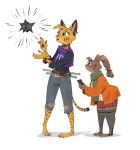 3_toes anthro arnis barefoot belt bottomwear brown_body brown_fur brown_pawpads cheek_tuft claws clothing coat collar collared_shirt denim denim_bottomwear denim_clothing dress_shirt duo ear_piercing ear_ring emanata eyewear facial_markings facial_tuft feet felid feline female finger_claws footwear freckles fur glasses green_eyes head_markings head_tuft jeans jersey lagomorph leporid long_ears long_sleeves looking_at_object mammal markings open_mouth paddy_(ruffu) pants pawpads paws pepper_(ruffu) piercing plantigrade pointy_ears pupils rabbit ring_piercing ruffu scarf school_uniform shirt skirt slit_pupils socks spots spotted_body spotted_fur standing striped_markings stripes tied_ears toe_claws toeless_footwear toeless_legwear toeless_socks toeless_stockings toes topwear torn_bottomwear torn_clothing torn_jeans torn_pants tuft uniform unknown_object wearing_glasses