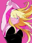  1girl absurdres blonde_hair blue_eyes bodysuit earrings highres jewelry looking_at_viewer marvel pink_background solo spider-gwen spider-man_(series) sushi_pizza_rrr 
