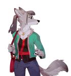 anthro ashuna_(ruffu) black_hair blouse bottomwear canid canine canis claws clothing denim denim_bottomwear denim_clothing digital_drawing_(artwork) digital_media_(artwork) eyebrow_piercing facial_piercing female finger_claws fluffy fluffy_tail fur grey_body grey_fur hair jeans jewelry long_hair long_tail looking_away mammal necklace pants piercing pointy_ears portrait ruffu shirt shoulder_bag simple_background snout solo tail three-quarter_portrait tied_hair topwear wolf