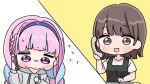  2girls :d ahoge black_dress blue_hair blue_hairband blush_stickers braid brown_eyes brown_hair cellphone chibi closed_mouth drawstring dress flying_sweatdrops grey_hoodie hairband highres holding holding_pen holding_phone hololive hood hood_down hoodie long_sleeves low_twintails minato_aqua mochimiko multicolored_hair multiple_girls pen phone pink_hair puffy_long_sleeves puffy_sleeves purple_eyes shirt short_sleeves sleeveless sleeveless_dress sleeves_past_wrists smile streaked_hair turn_pale twin_braids twintails two-tone_hair virtual_youtuber white_shirt 