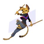  3_toes action_pose anthro arnis belt bottomwear bracelet clothing denim denim_bottomwear denim_clothing digital_drawing_(artwork) digital_media_(artwork) ear_piercing ear_ring facial_markings feet felid feline female fur green_eyes head_markings head_tuft jeans jersey jewelry long_sleeves long_tail looking_down low-angle_view mammal markings midair pants pepper_(ruffu) piercing pointy_ears pose ring_piercing ruffu shirt simple_background solo spots spotted_body spotted_fur striped_markings stripes tail toes topwear torn_bottomwear torn_clothing torn_jeans torn_pants tuft yellow_body yellow_fur 