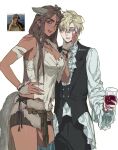  1boy 1girl absurdres alcohol animal_ears ascot black_pants black_vest blonde_hair blood blood_on_face breasts brown_hair brown_shorts colored_eyelashes commentary cup dark-skinned_female dark_skin english_commentary fingernails grabbing_another&#039;s_chin grey_eyes hand_on_another&#039;s_chin hand_on_own_hip highres holding holding_cup hyuna_(alien_stage) katsksiii long_hair luka_(alien_stage) meme monkey_thinking_(meme) pants photo_inset pointy_ears sharp_fingernails shirt short_hair shorts signature tail tank_top tongue vest white_ascot white_shirt white_tank_top wine wolf_ears wolf_girl wolf_tail yellow_eyes 