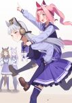  4girls absurdres animal_ears aqua_bow blunt_bangs blush bow bowtie breasts brown_hair brown_hat carrying carrying_person closed_eyes ear_bow ear_covers ear_ribbon flower-shaped_pupils flower_in_eye freely2327 gold_ship_(umamusume) green_bow grey_hair hair_between_eyes hairband haru_urara_(umamusume) hat headband highres horse_ears horse_girl horse_tail king_halo_(umamusume) long_hair long_sleeves mejiro_mcqueen_(umamusume) multiple_girls open_mouth piggyback pillbox_hat pink_eyes pink_hair ponytail purple_eyes purple_hair purple_sailor_collar purple_serafuku purple_shirt purple_thighhighs sailor_collar sailor_shirt school_uniform serafuku shirt skirt smile symbol-shaped_pupils symbol_in_eye tail teeth thighhighs tracen_school_uniform umamusume white_bow white_bowtie 