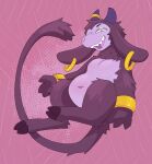 2025 anthro belly clip_studio_paint_(artwork) cloven_hooves digital_drawing_(artwork) digital_media_(artwork) ear_piercing ear_ring floppy_ears full-length_portrait fur glistening_eyelids hi_res hooves horn horn_jewelry horn_ring imp jewelry looking_at_viewer lop_ears male martindosent narrowed_eyes navel nude open_mouth open_smile orange_eyes piercing pink_background pink_tongue portrait purple_body purple_fur ring_(jewelry) ring_piercing shaded simple_background smile snout solo tail teeth tongue unguligrade wristband