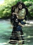  1boy 1girl barefoot black_eyes black_hair black_kimono carrying day dororo_(tezuka) hetero hyakkimaru_(dororo) japanese_clothes kimono long_hair low-tied_long_hair mio_(dororo) murohime_oruko outdoors standing wading water 