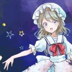  1girl :d blonde_hair blush bow bowtie commentary dress happy hat maribel_hearn mob_cap outstretched_arm poteimo_(poteimo622) puffy_short_sleeves puffy_sleeves purple_dress purple_eyes red_bow red_bowtie sash shirt short_sleeves smile solo standing star_(symbol) swept_bangs touhou white_bow white_hat white_shirt 