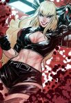  1girl absurdres black_gloves black_shorts blonde_hair blue_eyes blurq1312 breasts cleavage clenched_hand commentary english_commentary gloves grin highres holding holding_sword holding_weapon long_hair magik_(x-men) marvel medium_breasts new_mutants shorts smile solo sword weapon x-men 