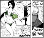  ... 2boys 2girls absurdres ayane_(doa) bare_shoulders bb_(baalbuddy) bikini bird breasts cleavage cloud cloudy_sky collarbone day english_commentary english_text feet_out_of_frame food fruit full_body hair_between_eyes headband high_ponytail highres holding holding_food holding_fruit holding_watermelon large_breasts light_smile long_hair looking_at_another mask masked momiji_(ninja_gaiden) mouth_mask multiple_boys multiple_girls navel ninja ninja_gaiden ninja_mask ocean outdoors ponytail ryu_hayabusa scar seagull short_hair side-tie_bikini_bottom sky speech_bubble spot_color standing stomach swimsuit sword underboob watermelon weapon zack_(doa) 