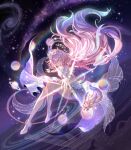  1girl aqua_hair artist_name blue_eyes cyrene_(honkai:_star_rail) cyrene_(ripples_of_past_reverie)_(honkai:_star_rail) dress flower hair_flower hair_ornament halo hashtag-only_commentary high_heels highres honkai:_star_rail honkai_(series) long_hair mem_(honkai:_star_rail) multicolored_hair pink_hair planet purple_eyes space star_(sky) thighs tomatokingjp two-tone_hair very_long_hair white_dress 