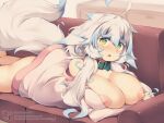  1girl ahoge animal_ears blue_hair blush breasts collar commentary_request green_collar green_eyes huge_breasts kuromiya long_hair looking_at_viewer lying multicolored_hair nipples on_stomach open_mouth original shiromiya_asuka_(kuromiya) shirt solo two-tone_hair white_hair white_shirt 
