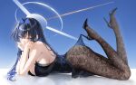  1girl absurdres black_dress black_hair black_pantyhose black_shoes blue_eyes blue_hair breasts colored_inner_hair commentary_request dress floral_print_pantyhose hair_intakes high_heels highres hololive hololive_english hooked_on_heel lace_pantyhose lace_pantyhose_hooked_on_heel_(meme) large_breasts long_hair looking_at_viewer lying lyusiola meme multicolored_hair on_stomach ouro_kronii pantyhose shoes short_dress sideboob sleeveless sleeveless_dress solo virtual_youtuber 