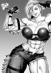  1girl abs absurdres armor biceps breasts cleavage collarbone commission cowboy_shot ear_piercing ericmartindood eyebrow_piercing face_piercing fingerless_gloves flexing freckles gloves gradient_background grey_background greyscale hands_up heart highres large_breasts looking_at_viewer monochrome muscular muscular_female navel one_eye_covered open_fly original piercing signature simple_background solo spiked_armor spikes tongue tongue_out tongue_piercing torn_clothes 