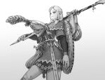  1girl absurdres closed_mouth greyscale hair_over_shoulder headwear_removed helmet helmet_removed highres holding holding_polearm holding_weapon looking_at_viewer monochrome pointy_ears polearm scabbard sheath shield_on_back smile solo spear sword wassnonnam weapon white_background 