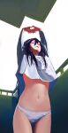  1girl absurdres arms_up balcony black_hair closed_eyes crop_top from_below highres long_hair messy_hair morning navel no_pants original panties shirt solo some1else45 standing stomach stretching underwear white_shirt 