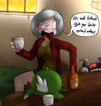 3_fingers alcohol ally_(sandwich-anomaly) ambiguous_gender angry anthro beverage beverage_bottle blush bottle bottomwear breasts bubble chair checkered checkered_bottomwear checkered_clothing checkered_skirt claws clothed clothing container cup dark_body dialogue drunk drunk_bubble exclamation_point eyelashes female fingers furniture gardevoir generation_3_pokemon generation_8_pokemon glass glass_container glass_cup green_body green_eyes grey_eyes grey_hair group hair hi_res holding_glass holding_object horn human humanoid jacket male mammal multicolored_body nintendo open_clothing open_jacket open_mouth open_topwear orange_eyes outside pattern_bottomwear pattern_clothing pattern_skirt perrserker plant pokemon pokemon_(species) pseudo_helmet sandwich-anomaly scottish sharp_teeth shirt short_hair shrub sitting skirt speech_bubble substance_intoxication table talking_to_another teeth text text_on_clothing text_on_shirt text_on_topwear topwear trio two_tone_body unconscious wall_(structure) white_body window window_light yelling