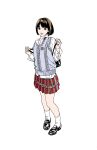  1girl aqua_sweater_vest bag black_bag black_shoes brown_eyes brown_hair dress_shirt eguchi_hisashi full_body hands_up highres holding holding_bag kneehighs loafers long_sleeves looking_at_viewer looking_to_the_side open_mouth original pigeon-toed pink_lips pink_nails plaid_clothes plaid_skirt pleated_skirt red_skirt school_uniform shirt shoes short_hair shoulder_bag simple_background skirt smile socks solo standing sweater_vest white_background white_shirt white_socks 