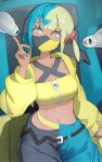  1girl aqua_hair bandeau belt black_belt black_hair black_mask black_pants blonde_hair blue_eyes blue_hair blue_nails blue_pants breasts canari_(pokemon) chair cleavage collarbone commentary criss-cross_straps dark-skinned_female dark_skin fish gaming_chair highres jacket large_breasts long_sleeves mask medium_breasts mouth_mask multicolored_hair multicolored_nails nail_polish navel open_clothes open_jacket pants pokemon pokemon_(creature) pokemon_legends:_z-a rindoriko short_twintails sitting split-color_hair sports_bra swivel_chair twintails two-tone_hair two-tone_mask two-tone_pants tynamo yellow_bandeau yellow_jacket yellow_mask yellow_nails yellow_sports_bra 