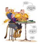 3_toes anthro bar_stool barefoot belt blood bodily_fluids bottomwear bovid bracelet caprine chair claws clothing cloven_hooves denim denim_bottomwear denim_clothing denim_shorts digital_drawing_(artwork) digital_media_(artwork) domestic_sheep duo emanata eyelashes feet felid feline female finger_claws fingers fur furniture glowing glowing_body glowing_fur green_eyes half-closed_eyes hoodie hooved_fingers hooved_plantigrade hooved_toes hooves jeans jersey jewelry long_sleeves long_tail looking_at_another lying lying_on_another mammal markings merina_(ruffu) merino_sheep narrowed_eyes on_back on_chair on_table open_mouth pants paws pepper_(ruffu) plantigrade ruffu sheep shirt shorts simple_background sitting slumped soles speech_bubble spots spotted_body spotted_fur stool striped_markings stripes table tail text tired toe_claws toes topwear torn_bottomwear torn_clothing torn_jeans torn_pants yellow_eyes