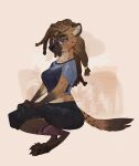 3_toes anthro black_pawpads blue_eyes bottomwear braided_hair claws clothing crop_top denim denim_bottomwear denim_clothing digital_drawing_(artwork) digital_media_(artwork) dreadlocks eyeshadow facial_markings feet female fluffy fluffy_tail footwear hair hands_on_lap head_markings hyena jeans long_tail makeup mammal markings midriff neck_tuft on_ground pants pawpads paws round_ears ruffu ruffus_hyena shirt simple_background sitting snout snout_markings socks soles solo tail tied_hair toe_claws toeless_footwear toeless_socks toes topwear tuft unnamed_character