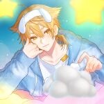  1boy :3 alternate_costume animal_hairband blue_background blue_jacket blurry blurry_background cloud commentary_request fang fushimi_gaku highres jacket looking_down lying male_focus matochi_(fa) mole mole_under_eye nijisanji on_stomach orange_eyes orange_hair ponytail shirt short_ponytail skin_fang smile solo star_(symbol) upper_body virtual_youtuber white_shirt 