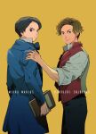  2boys blue_eyes blue_jacket book brown_eyes brown_hair character_name enjolras hand_on_another&#039;s_shoulder highres holding holding_book jacket les_miserables looking_at_viewer male_focus marius_(les_miserables) multiple_boys short_hair standing t_k_g yellow_background 