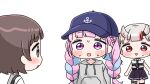  3girls :d :o anchor_symbol baseball_cap black_necktie black_skirt blue_hair blue_hat blush_stickers braid brown_hair chibi collared_shirt drawstring grey_hair grey_hoodie hat highres hololive hood hood_down hoodie long_hair low_twintails minato_aqua mochimiko multicolored_hair multiple_girls nakiri_ayame nakiri_ayame_(streetwear) necktie parted_lips pink_hair pleated_skirt purple_eyes red_eyes red_hair shirt simple_background skirt smile streaked_hair sweat twin_braids twintails two-tone_hair very_long_hair virtual_youtuber white_background white_shirt 