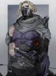  1boy armor avengers_(series) black_gloves black_pants blonde_hair blood blood_on_armor blood_on_hands blue_eyes border bow_(weapon) breastplate commentary cowboy_shot fingerless_gloves gloves gradient_background gradient_border grey_background grey_border grey_scarf hair_bun hashtag-only_commentary hawkeye_(marvel) highres holding holding_bow_(weapon) holding_weapon injury looking_up male_focus marvel marvel_rivals mask mouth_mask muscular muscular_male pants parted_bangs purple_armor quiver scarf solo swampchan000 symbol-only_commentary weapon white_border 