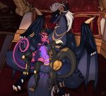 anthro anthro_on_feral bed bestiality big_penis black_body blue_tongue breasts countershading cyanotic_epithelium dragon female female/female feral furniture genitals group hi_res holding_penis horn huge_penis jyrova_(infinium_knight) kissing kiz_emberscale_(dat_otter) klank_(spark.kobbo) kobold lying lying_on_another lying_on_bed male male/female mythological_creature mythological_scalie mythology nipple_piercing nipples on_bed orange_body orange_countershading penis piercing pink_body prosthetic prosthetic_arm prosthetic_leg prosthetic_limb purple_body purple_countershading red_eyes scalie size_difference smaller_female tail tongue trio vulva yanne