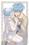  1boy 1girl blue_hair closed_eyes commentary couple dress earrings elf floral_border flower frieren hair_flower hair_ornament hand_on_another&#039;s_waist hetero highres himmel_(sousou_no_frieren) holding_hands interlocked_fingers jewelry long_hair looking_at_another pointy_ears sarasa_kouhaku short_hair sitting sitting_on_lap sitting_on_person sousou_no_frieren toga white_dress white_hair 