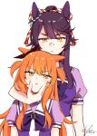  2girls :i absurdres animal_ears bandaid bandaid_on_face bandaid_on_nose blush bow bowtie cheek_piercing cheek_squash closed_mouth comiket_107 commentary_request completely_unamused ear_bow ear_ornament face_piercing highres horse_ears jitome kouhaku_nawa long_hair looking_at_viewer mayano_top_gun_(umamusume) multiple_girls narita_brian_(umamusume) orange_eyes orange_hair piercing ponytail pout puffy_short_sleeves puffy_sleeves purple_bow purple_bowtie purple_hair purple_shirt rope sailor_collar sailor_shirt school_uniform shimenawa shirt short_sleeves simple_background skirt straight-on tracen_school_uniform two_side_up umamusume unamused upper_body v-shaped_eyebrows white_background white_sailor_collar white_skirt yellow_eyes yonu_(yonurime) 