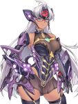  1girl android bare_shoulders blue_eyes breasts cleavage dark-skinned_female dark_skin elbow_gloves forehead_protector ge-b glasses gloves large_breasts long_hair looking_at_viewer simple_background smile solo t-elos t-elos_re: thighhighs very_long_hair xenoblade_chronicles_(series) xenoblade_chronicles_2 xenosaga 