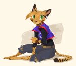 3_toes anthro barefoot barely_visible_pawpads bottomwear claws clothing collar denim denim_bottomwear denim_clothing digital_drawing_(artwork) digital_media_(artwork) ear_piercing ear_ring eyebrows facial_markings feet felid feline female finger_claws fur green_eyes head_markings jeans jersey long_sleeves long_tail looking_at_viewer mammal markings on_ground pants pawpads paws pepper_(ruffu) piercing pointy_ears pupils raised_eyebrows ring_piercing ruffu shirt simple_background sitting slit_pupils smile solo speech_bubble spots spotted_body spotted_fur striped_markings stripes tail text toe_claws toes topwear torn_bottomwear torn_clothing torn_jeans torn_pants