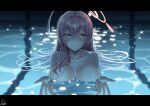  1girl ahoge blue_archive blush breasts caustics collarbone commentary completely_nude english_commentary floating_hair green_eyes gzanth hair_between_eyes halo hanako_(blue_archive) huge_breasts i&#039;ll_teach_you_everything_(chainsaw_man) letterboxed long_hair looking_at_viewer night nude pink_hair pink_halo pink_lips pool signature smile solo water 