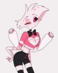  1boy angel_dust black_choker black_sclera black_shorts bow bowtie choker cleavage_cutout clothing_cutout colored_sclera cowboy_shot deebee extra_arms furry furry_male hazbin_hotel heart_cutout hellaverse highres leaning_forward male_focus one_eye_closed pink_shirt red_eyes shirt shorts simple_background solo white_background white_fur 