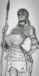  1girl armor boobplate breastplate closed_mouth grey_background greyscale hand_on_hip highres holding holding_polearm holding_weapon looking_at_viewer mole mole_under_mouth monochrome original parody pauldrons polearm shoulder_armor solo spear wassnonnam weapon 