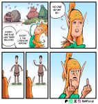 5_fingers armor beard belt big_nose black_beard black_eyebrows black_eyes black_facial_hair black_hair bottomwear boulder breasts brown_clothing brown_footwear brown_shoes clothing comic crown curled_tail dialogue domestic_pig dress dwarf dwarf_(merrivius) eating elf elf_(merrivius) elf_comic english_text eyebrows eyelashes facial_hair female fingers footwear gesture green_body green_clothing green_dress green_skin grey_bottomwear grey_clothing grey_pants group hair hand_gesture headgear heart_symbol helmet hi_res hug human human_(merrivius) humanoid_pointy_ears humor light_body light_skin lips long_ears male mammal merrivius middle_finger nude orange_hair orc orc_(merrivius) pants pink_body pink_skin pointy_ears pointy_nose ponytail purple_beard purple_facial_hair rock rope rope_belt shoes short_hair simple_face smile suid suine sus_(pig) tail tan_body tan_skin text tiara viking_helmet waving yellow_sclera