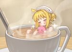  2girls alternate_hairstyle blonde_hair blush bocchi_the_rock! choppy_bangs closed_eyes commentary cup film_grain gotoh_hitori gotoh_hitori_(tsuchinoko) hair_bun ijichi_nijika implied_nudity in_container in_cup long_hair mini_person multiple_girls myvia_mokols open_mouth raised_inner_eyebrows shared_bathing sparkle steam steaming_cup tea teacup towel towel_on_head twitter_username 