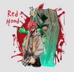  1boy batman_(series) be123be_be broken_mask coffin dc_comics drawstring grey_hoodie gun holding holding_gun holding_weapon hood hood_down hoodie jason_todd looking_at_viewer mask masked multiple_scars red_hood_(dc) red_mask scar scar_on_face superhero_costume weapon 