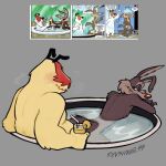2025 anthro bathing bathing_together bedroom_eyes beverage blush blush_lines bodily_fluids brown_body brown_fur canid canine canis comic domestic_dog duo fur grey_background herding_dog hi_res holding_beverage holding_object hot_tub looking_at_another looking_back looking_back_at_another looney_tunes male male/male mammal narrowed_eyes nude overweight overweight_male pastoral_dog ralph_e._wolf rear_view red_nose sam_sheepdog screencap seductive sheepdog signature simple_background sinsing_49 skinny_male sweat sweatdrop tan_body tan_fur toony warner_brothers wolf
