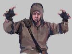  1boy bag beard_stubble bellspun black_gloves black_hair black_nails claw_pose cry_of_fear expressionless facial_hair fingerless_gloves gloves grey_hoodie hands_up hood hood_up hoodie looking_at_viewer male_focus short_hair shoulder_bag simon_henriksson solo stubble upper_body 