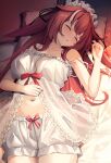  1girl babydoll bed_sheet black_ribbon bloomers blush bow collarbone flipped_hair hair_ribbon hand_on_own_stomach highres lingerie lying maid_headdress mole mole_under_eye multicolored_hair mutsumi_nemuru navel on_back on_bed original pillow print_babydoll red_bow red_hair ribbon see-through_clothes solo star_(symbol) star_print strap_slip streaked_hair two-tone_hair underwear underwear_only white_babydoll white_hair 