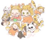  1boy 1other 2girls absurdres afterimage aged_down ahoge animal_ear_fluff animal_ears barefoot bird black_bird blonde_hair bowl child closed_eyes closed_mouth commentary_request eating elbow_gloves fang furry furry_male gloves green_eyes hair_ornament hairpin headpat highres holding holding_spoon isuka jacket ju_fufu looking_at_another looking_at_viewer lying motion_lines multicolored_fur multiple_girls multiple_views on_back onesie open_mouth pan_yinhu panda_boy panda_ears round_eyewear signature single_elbow_glove sitting spoon standing_on_another&#039;s_shoulders striped_fur striped_hair table tail thumb_sucking tiger_ears tiger_girl tiger_stripes tiger_tail trembling white_background white_fur white_hair yellow_jacket yixuan_(zenless_zone_zero) zenless_zone_zero 
