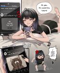  1girl ahoge anger_vein barefoot black_hair black_nails black_shirt black_shorts cat cellphone commentary drooling earrings emphasis_lines english_commentary english_text fingernails grin highres jewelry leg_up lying mini_person minigirl motion_lines nabi_(wonnikon) on_stomach open_mouth original patreon_username phone piercing pun shirt shorts smartphone smile social_network solo speech_bubble stuffed_animal stuffed_toy t-shirt teeth throwing toes web_address wonnikon 