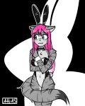  anthro arm_under_breasts atlas_jkb blush blush_lines bow_tie bunny_costume chest_tuft clothing costume curled_tail dipstick_tail domestic_cat embarrassed felid feline felis female fluffy fluffy_hips fluffy_tail fur green_eyes grey_body grey_fur hair hand_on_shoulder mammal markings nervous pink_hair simple_background solo standing tail tail_markings tuft watermark 