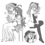  2girls ahoge black_socks blush cape constricted_pupils cosplay detached_sleeves hair_ribbon hands_on_another's_hips hat hatsune_miku hatsune_miku_(cosplay) heart highres hiiragi_kagami holding holding_phone hug hug_from_behind izumi_konata long_hair lucky_star mole mole_under_eye multiple_girls phone ribbon ryouou_school_uniform school_uniform simple_background sitting sitting_on_person skirt socks truffleduster twintails white_background witch_hat yuri 