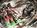  2boys alien arm_blade armor battle crossover dreadlocks energy_sword fishnets gauntlets green_lightsaber helmet highres holding holding_sword holding_weapon jaw jedi lightsaber long_hair mandibles mask matutoya monster multiple_boys pauldrons predator_(character) predator_(series) red_lightsaber shoulder_armor sith star_wars sword thigh_armor weapon wrist_blades 