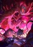  1boy 1other black_cloak cloak english_commentary fire frozensoba grimm_(hollow_knight) highres hollow_knight horns knight_(hollow_knight) nightmare_king_grimm_(hollow_knight) patch pyrokinesis red_cloak red_eyes signature solid_oval_eyes 