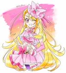  1girl akaika_(yasubcoss) belt_bow blonde_hair brooch butterfly_earrings commentary cure_butterfly double_v earrings grin hirogaru_sky!_precure jewelry long_hair lowres magical_girl midriff one_eye_closed pink_eyes pink_headwear pink_skirt precure skirt smile solo v very_long_hair wing_brooch 